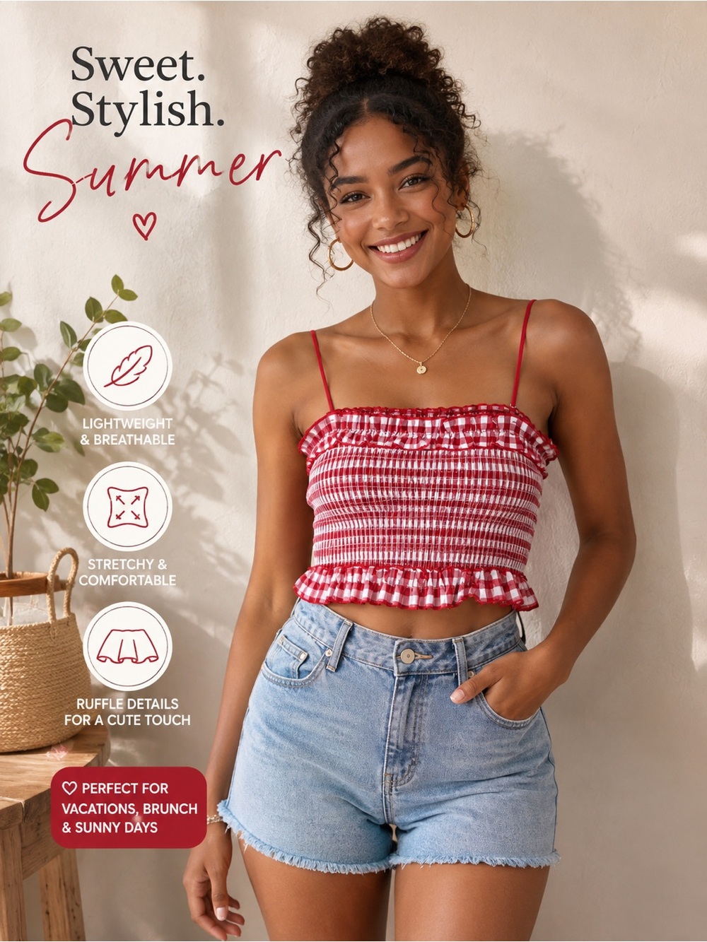 Colsie Red and White Gingham Smocked Crop Top
